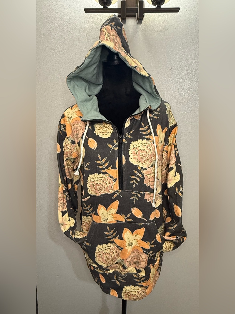 Ampersand Ave Floral Half-Zip Hooded Pullover Jacket - Black with Yellow Floral